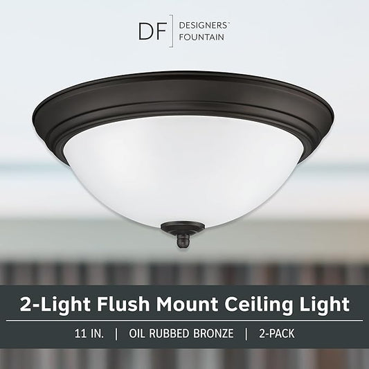 Designers Fountain Flush Mount Ceiling Light, 11 Inch Frosted Glass Lighting Fixture for Kitchen, Bedroom, Bathroom, and Hallway, LED Bulbs not Included, Oil Rubbed Bronze