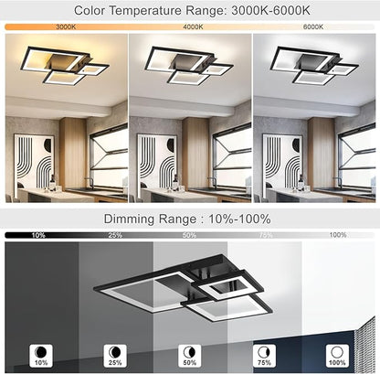 Modern Black Led Ceiling Light 3-Square Design 3000K-6500K Dimmable LED Ceiling Light with Remote 33W Acrylic Ceiling Lighting Fixture for Bedroom Kitchen Dining Room Office Lamps