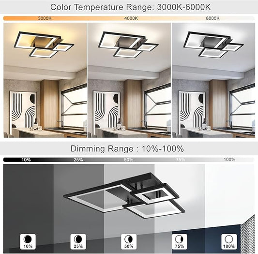 Modern Black Led Ceiling Light 3-Square Design 3000K-6500K Dimmable LED Ceiling Light with Remote 33W Acrylic Ceiling Lighting Fixture for Bedroom Kitchen Dining Room Office Lamps
