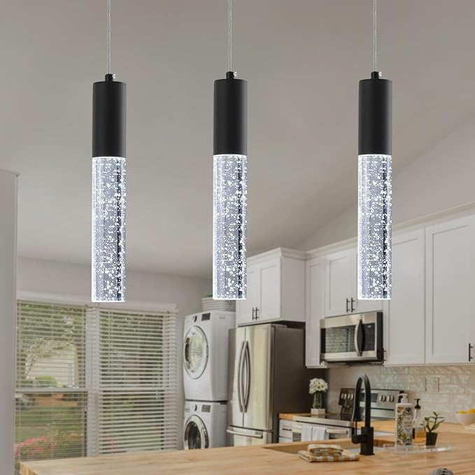 3-Pack Modern Crystal Pendant Light for Kitchen Island, Elegant Black LED Bubble Hanging Chandelier Lighting Fixture for Dining Room Bedside