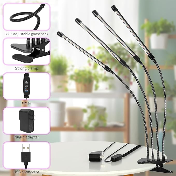 Plant Grow Light - 6000K Full Spectrum with Adjustable Red & White LEDs, 10-Level Dimming, USB Powered Clip-On Lamp for Indoor Plants, Timer Function (4 Head)
