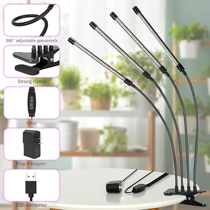Plant Grow Light - 6000K Full Spectrum with Adjustable Red & White LEDs, 10-Level Dimming, USB Powered Clip-On Lamp for Indoor Plants, Timer Function (4 Head)