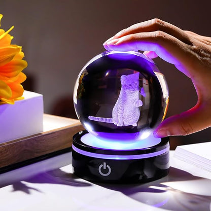 YWHL 3D Crystal Ball Cat Gifts for Women, Laser Cat and Butterfly Figurine with LED Base, Cat Ornament Glass Decorative Ball Globe Night Light (80mm)