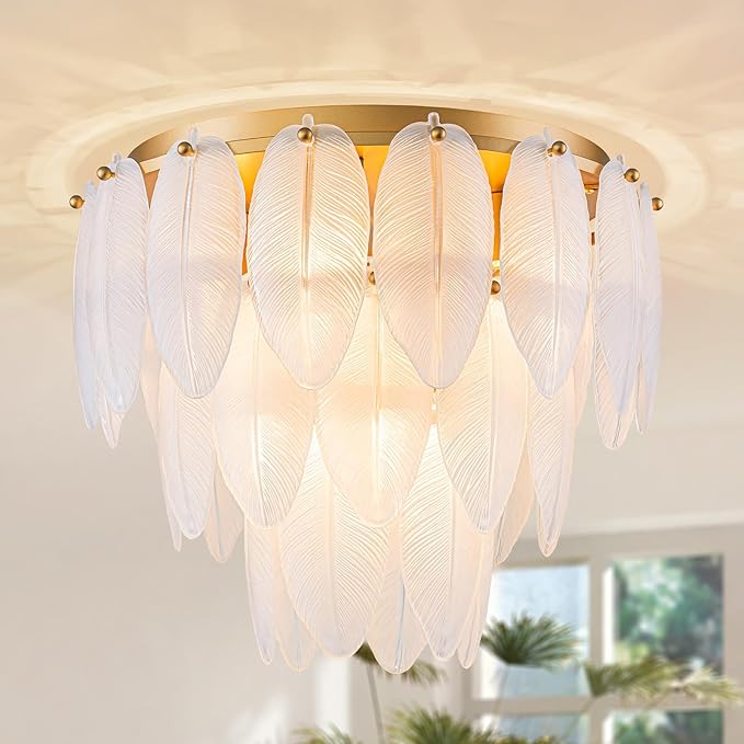 LumFurn D16 inch Modern Glass Chandeliers, 7-Light Elegant Flushmount Ceiling Light Fixture for Dining Room, Living Room & Bedroom, D16 x H14inch, Frosted Feather Glass Shade & Gold Finish Frame