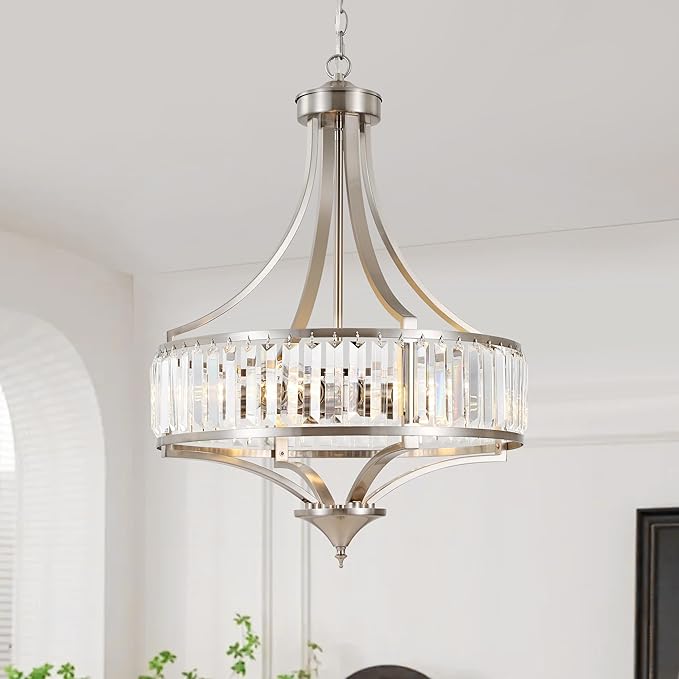 CNRATYE 20" Brushed Nickel Chandeliers for Dining Room, 5-Light Modern Crystal Chandelier for Entryway, Hanging Round Light Fixture for Kitchen Island Living Room Bedroom Office Bathroom Staircase