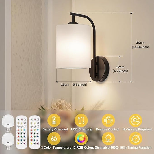 MATAMEYE Battery Operated Wall Sconce Set of 2, Black Rechargeable Dimmable Wall Light Fixture Remote, 12 RGB Colors & Timer, Wireless Lamp White Shade