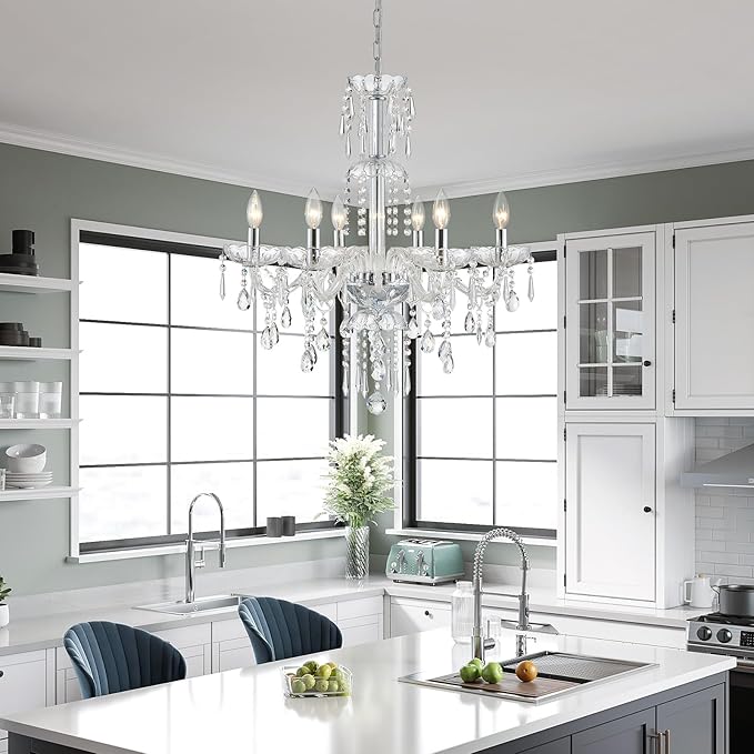 WUZUPS 6-Light Crystal Candle Chandelier Pendant Ceiling Light Modern Lighting Fixture for Bedroom Hallway Bar Kitchen Bathroom, H 25.6" W 24.4", E12 Base, Chrome