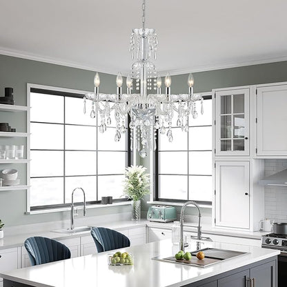WUZUPS 6-Light Crystal Candle Chandelier Pendant Ceiling Light Modern Lighting Fixture for Bedroom Hallway Bar Kitchen Bathroom, H 25.6" W 24.4", E12 Base, Chrome
