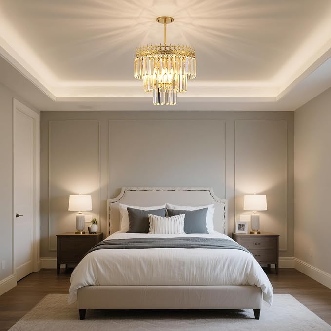 16'' Gold Crystal Chandelier,6-Light Modern Chandeliers for Dining Room,3-Tiers Round Metal Pendant Light Fixture for Kitchen Island Living Room Bedroom Entryway