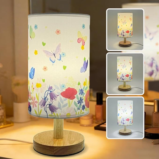 Butterfly Flower Kids Table Lamp for Bedroom Girls Bedside Lamps-3 Way Dimmable Wood Base Nightstand Nightlight with Butterflies Pattern Lampshade for Boy Girls Room Home Decor,Butterfly Gift for Girl