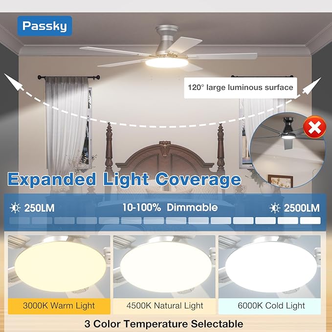 Passky Ceiling Fans with Lights, 52 inch Flush Mount Ceiling fan with Remote Control, Low Profile Silver Ceiling Fan for Bedroom, Farmhouse, Reversible, 3CCT, Dimmable, Noiseless DC Motor