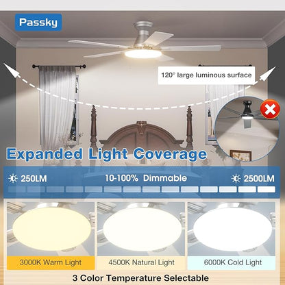 Passky Ceiling Fans with Lights, 52 inch Flush Mount Ceiling fan with Remote Control, Low Profile Silver Ceiling Fan for Bedroom, Farmhouse, Reversible, 3CCT, Dimmable, Noiseless DC Motor