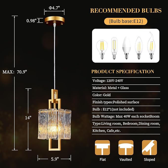 Modern Gold Pendant Light Fixtures for Kitchen Island and Dining Room, Industrial Mini Small Hanging Crystal Chandelier Lights Fixture for Entryway Hallway Foyer Living Room Bedroom 1-Pack