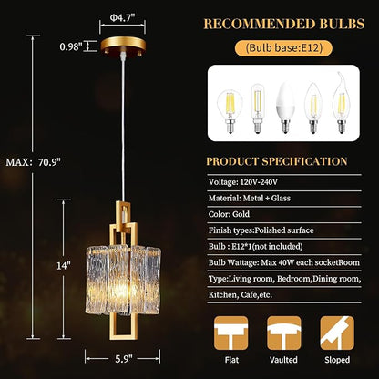 Modern Gold Pendant Light Fixtures for Kitchen Island and Dining Room, Industrial Mini Small Hanging Crystal Chandelier Lights Fixture for Entryway Hallway Foyer Living Room Bedroom 1-Pack
