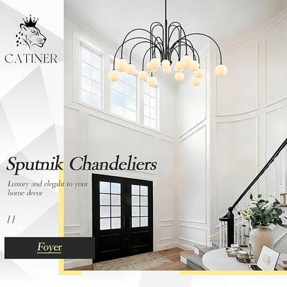 CATINER Modern Black Sputnik Chandeliers Extra Large 18 Lights L59”Mid Century Ceiling Pendant Lighting Fixture with Milk Glass Globe Shades for High Ceiling Living Room Foyer Staircase