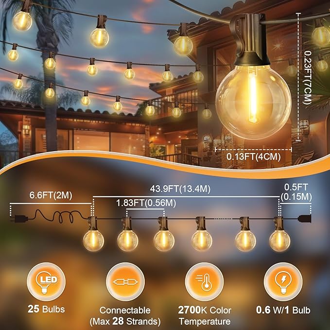 LAMPHOME LED Outdoor String Lights, 51FT Waterproof Patio Lights with 25+2 Edison Shatterproof Bulbs, UL Listed Connectable Dimmable Hanging Lights for Backyard Porch Garden Deck Balcony Decor