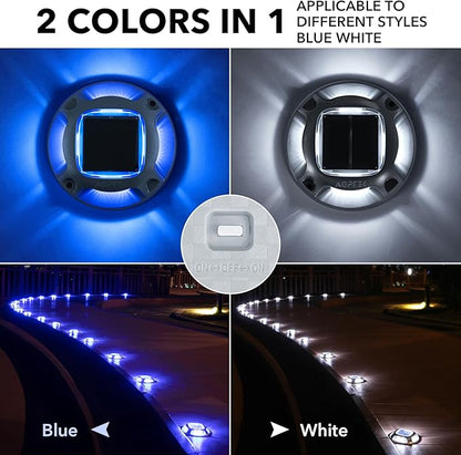 AGPTEK Solar Driveway Lights Outdoor 24 Pack, 2 Color Modes LED Deck Dock Marine Waterproof Security Marker Lights for Step Sidewalk Stair Garden Pathway Walkway Yard(Blue Light/Cool White)