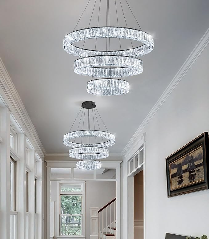 HAIXIANG Modern Glam Chandelier Crystal LED Remote Rings Chandelier Adjustable Hanging Ceilings Pendant Lights Fixture Black 8"+16"+24" Rings Lighting