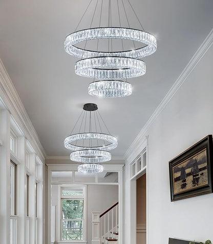 HAIXIANG Modern Glam Chandelier Crystal LED Remote Rings Chandelier Adjustable Hanging Ceilings Pendant Lights Fixture Black 8"+16"+24" Rings Lighting
