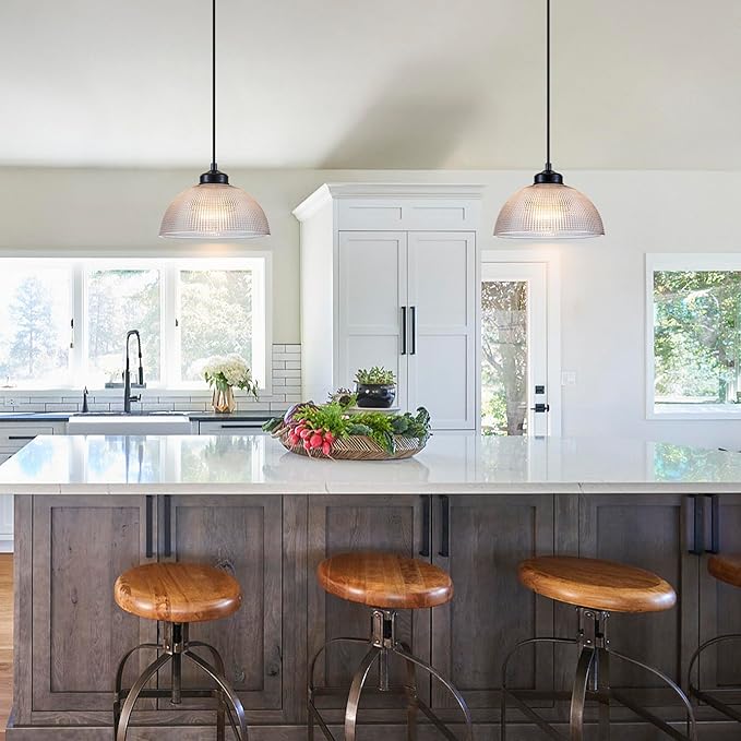 EDSILIVE Vintage Glid Glass Pendant Lights Kitchen Island 9.84" Barn Dome Clear Glass Hanging Ceiling Light Fixture with Black Finish for Dining Room Kitchen Table