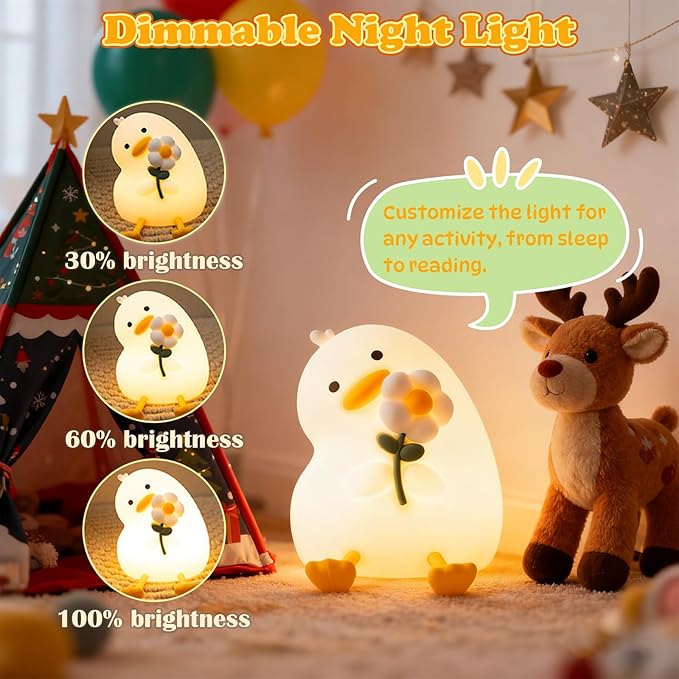 Animal Night Light for Kids, Cute Duck Night Light with Timer, Dimmable Silicone Lamp with 3 Brightness Levels, Rechargeable Nightlight, LED Squishy Bedside Lamp for Boys Girls Toddler (Flower Duck)