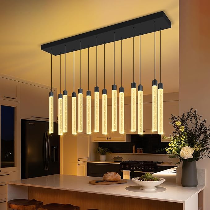 Modern Rectangular Crystal Chandelier for Dining Room LED Dimmable Pendant Light Kitchen Island Entrance Foyer Living Room Adjustable Height 14-Lights Black