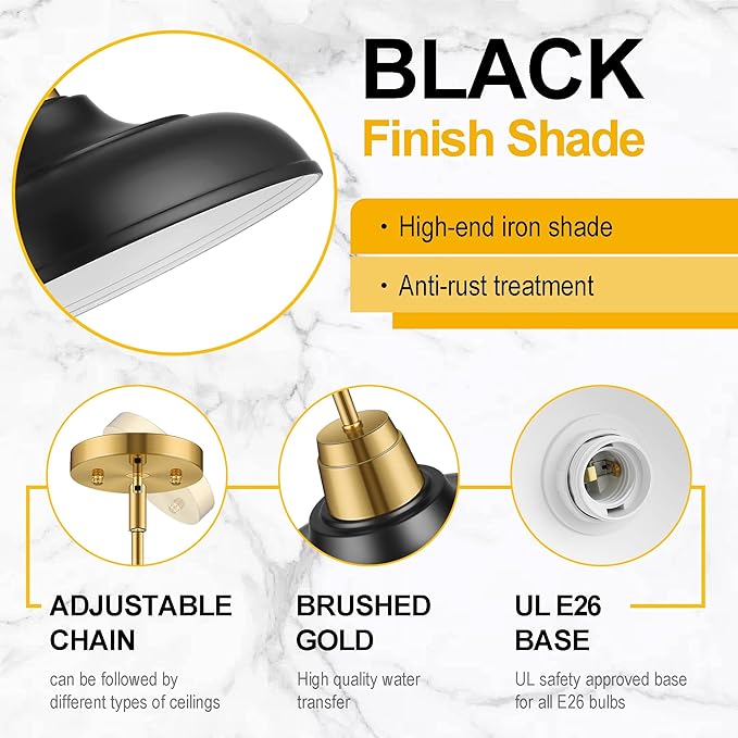 Black and Gold Pendant Light, 12" Matte Black Pendant Lights Fixtures Adjustable Rod Gold Modern Hanging Lighting,for Kitchen Island Dining Room Bar Restaurant Sink Entrance