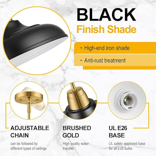 Black and Gold Pendant Light, 12" Matte Black Pendant Lights Fixtures Adjustable Rod Gold Modern Hanging Lighting,for Kitchen Island Dining Room Bar Restaurant Sink Entrance