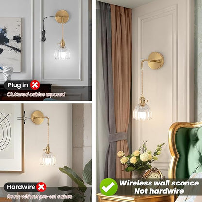 Vintage Battery Operated Wall Sconces Sets Of Two, Indoor not Hardwired Transparent Tulip Glass Lampshade Fixtures, Rechargeable Wireless RGB Wall Lights with Dimmable Remote, for Bedroom Living Room