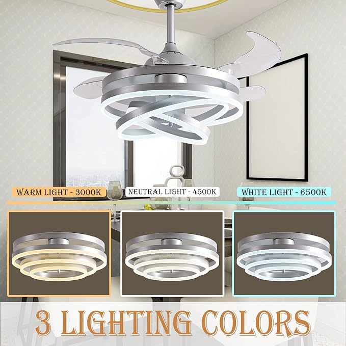 DatingDay 42" Invisible Ceiling Fan Chandelier Light,Modern DIY Ceiling Fan Light Remote Control 4 Retractable ABS Blades for Bedroom Living Dining Room Decoration