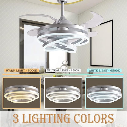 DatingDay 42" Invisible Ceiling Fan Chandelier Light,Modern DIY Ceiling Fan Light Remote Control 4 Retractable ABS Blades for Bedroom Living Dining Room Decoration