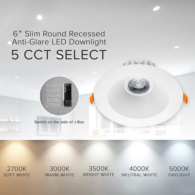 Maxxima 6 in. Ultra-Thin Recessed Anti-Glare LED Downlight, Canless IC Rated, 1300 Lumens, 5 Color Temperature Selectable 2700K/3000K/3500K/4000K/5000K, Dimmable, 90 CRI, 5 CCT Slim, J-Box Included