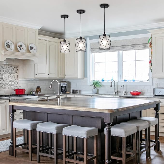 Over Sink Pendant Light with Frosted Glass Black Cage Industrial Hanging Lighting Adjustable Cord for Kitchen Island Dining Table