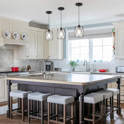 Over Sink Pendant Light with Frosted Glass Black Cage Industrial Hanging Lighting Adjustable Cord for Kitchen Island Dining Table