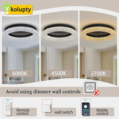 ykolupty 40'' Crystal Chandelier Light Fixture Large Chandelier for Living Room Crystal Flat Mounted Ceiling Lights Dining Room Bedroom Dimmable 2700-6000K (Black Chandeliers)