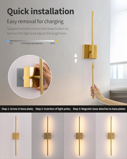 KDG Cordless Wall Sconces Set of 2, Wireless 5200mAh Rechargeable Battery Operated LED Wall Lamps with Remote, 360° Rotate Lightings for Wall Painting, Bedroom, Hallway, Night Light 31.5 inch (Gold)