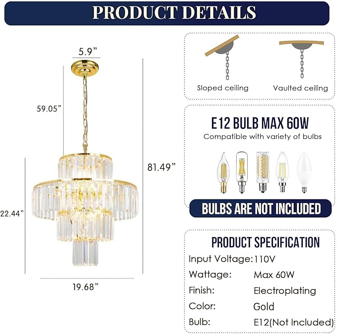 Gold Crystal Chandelier, 7-Light 4 Tiers 19.68" Crystal Light, Adjustable Hanging Metal Ceiling Lighting Fixture, Modern Foyer Dining Room Chandeliers for Bedroom,Hallway,Kitchen