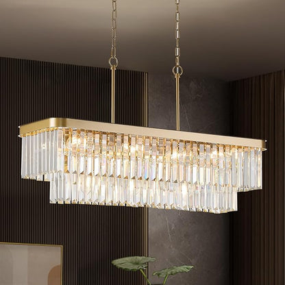 Rectangular Crystal Chandeliers K9 Luxury Gold Chandelier L33.5” Rectangle Linear Pendant Light Fixtures 11 Lights Contemporary for Kitchen Island Dining Room Living Room Bar