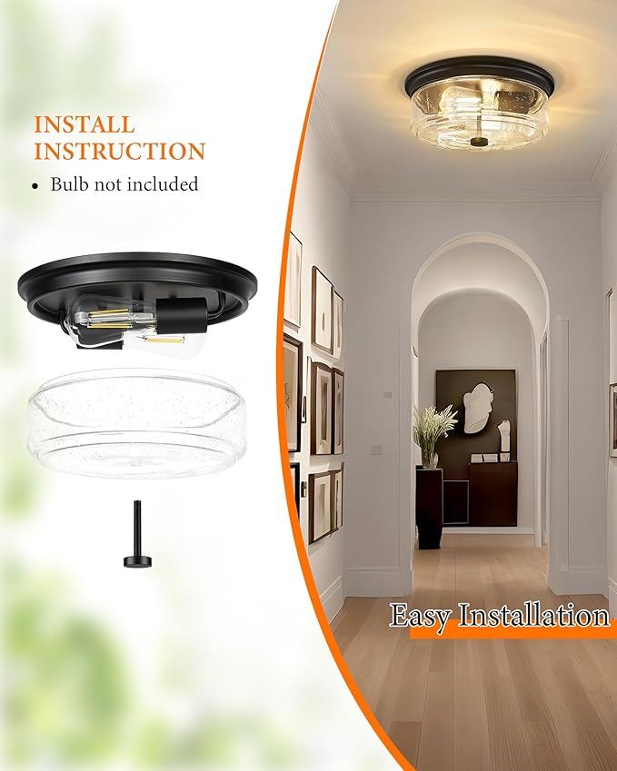 Black Flush Mount Ceiling Light, 12 Inch 2-Light Industrial Farmhouse Light Fixture with Seeded Glass Shade for Kitchen, Hallway, Entryway, Bedroom