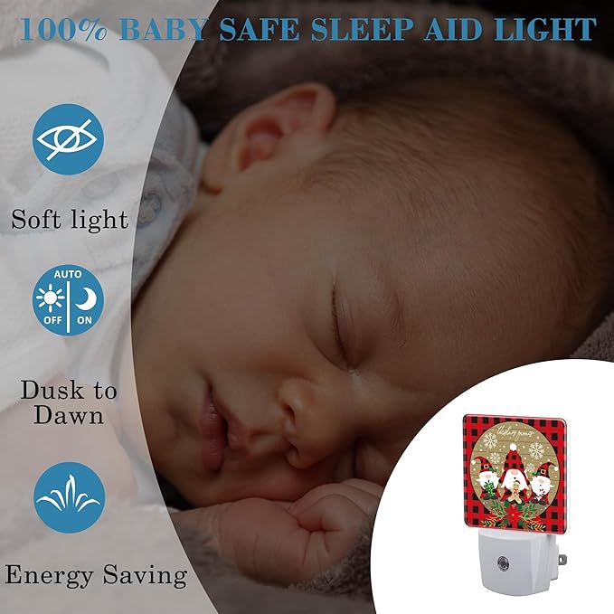 Christmas Gnome Red Black Plaid Night Light for Kids, LED Night Light Plug into Wall with Dusk to Dawn Sensor for Girls Boys Women Men Room Decor, Hallway, Kitchen, Bathroom, Nursery, Stairs