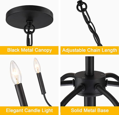 Farmhouse Black Chandelier Rustic Candle 6-Light Pendant Light 30 Inches Adjustable Height Ceiling Light Fixture for Living Room Kitchen Island Dining Room Bedroom Foyer