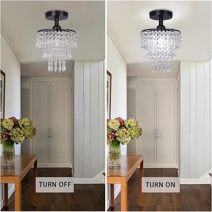 FRIXCHUR Small Crystal Chandelier Flush Mount Ceiling Light 3 Tiers Raindrops Crystal Chandeliers for Bedroom Hallway Foyer Living Room Entryway Closet, Black