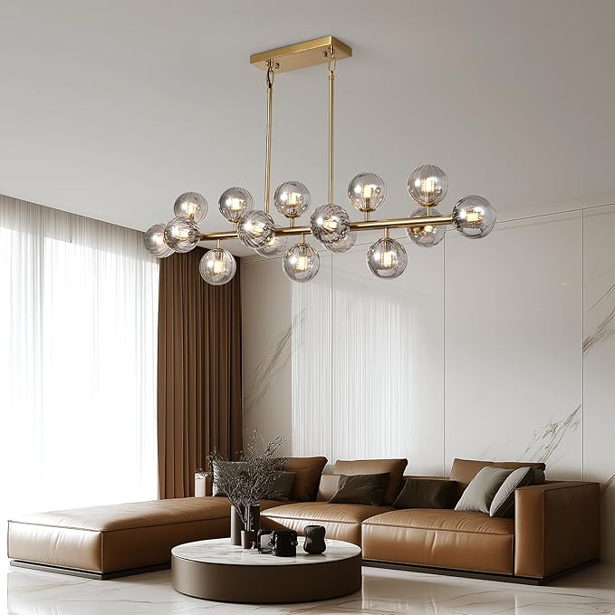 Brass Gold Rectangle Chandelier Modern Chandelier Smoke Grey Globe Glass Pendant Light Fixture Adjustable for Dining Living Room Kitchen Island Over Table 16-Light 50''