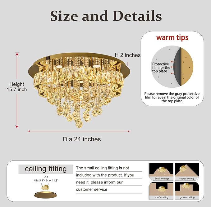 Flashing God W24inches Modern Gold Chandeliers Flush Mount Ceiling Chandeliers for High Ceiling Small Hanging Chandelier Light Fixture Bedroom Dining Room Living Room LED Dimming 2700k 4500k 6000k