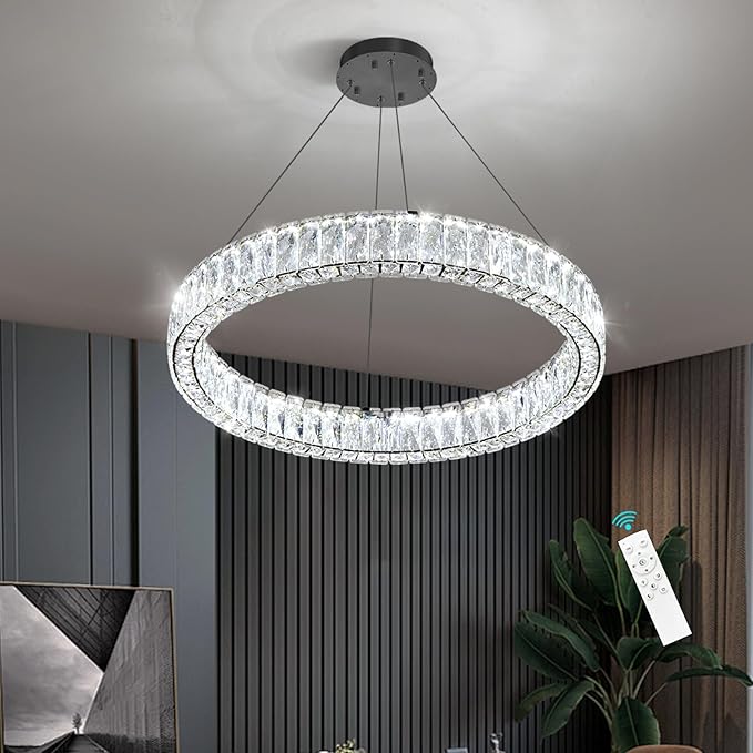HAIXIANG Modern Crystal Chandelier Dimmable LED Ring Pendant Lights Adjustable Glam Chandeliers Lighting Fixtures for Dining Room Living Room Bedroom Black Light