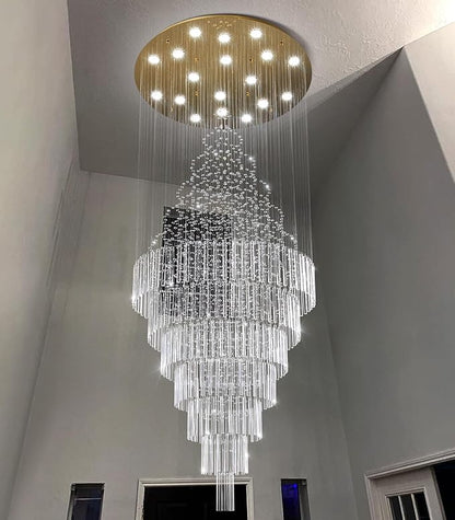 HAIXIANG W40 x H120 Glam Chandelier with LED Bulbs Crystal Raindrop High Ceiling Pendant Light for Entrance Large Villa Chandelier Foyer Lighting Fixtures Gold