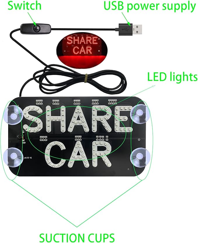 LED Car Sign Decor - Flashing Decal Stickers With Suction Cups for Window, USB Interface Light With Hook - Red