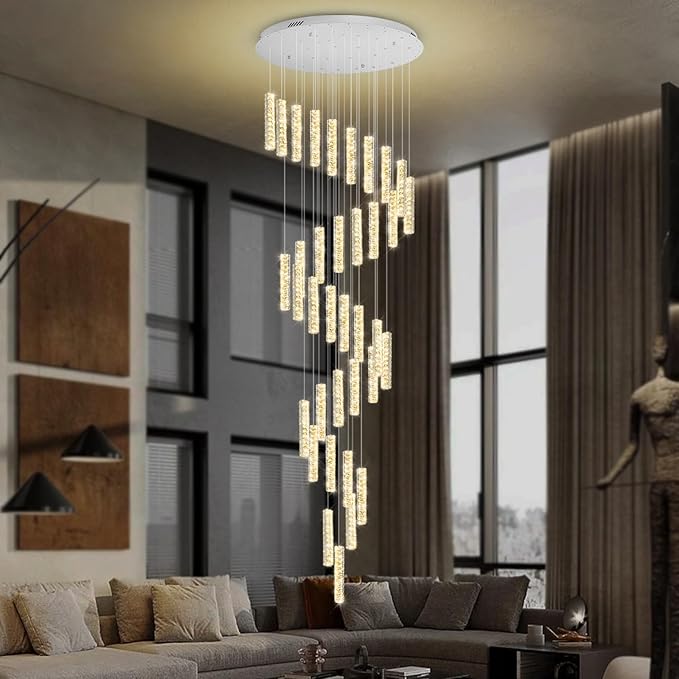 150in Long Crystal Chandelier Large Spiral Stair Chandeliers for High Ceilings Foyer Entryway Flush Mount Ceiling Lights 36-Light Silver LED Dimmbale