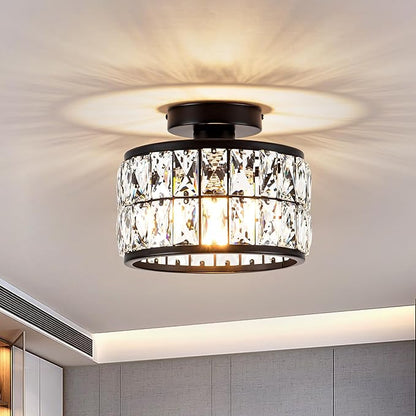 Rpzloila Crystal Ceiling Light Fixture, Modern Semi Flush Mount Ceiling Light,Crystal Chandelier for Kitchen Bedroom Bathroom Entryway, Black Finish