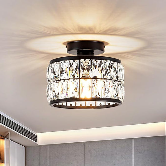 Rpzloila Crystal Ceiling Light Fixture, Modern Semi Flush Mount Ceiling Light,Crystal Chandelier for Kitchen Bedroom Bathroom Entryway, Black Finish